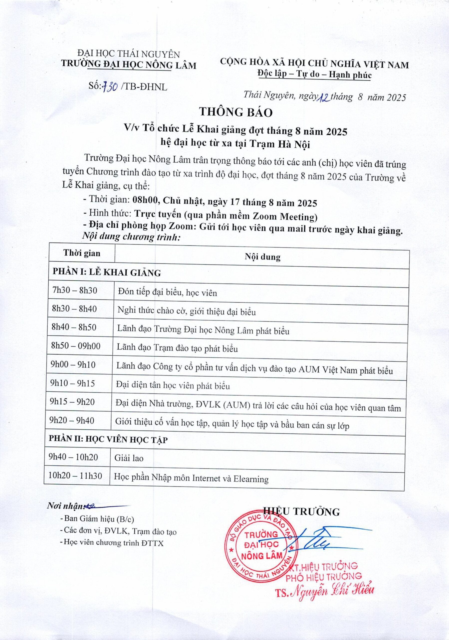 Thông báo – Lễ khai giảng Hệ Đại học từ xa trạm Hà Nội Trường Đại học Nông Lâm Thái Nguyên Tháng 8