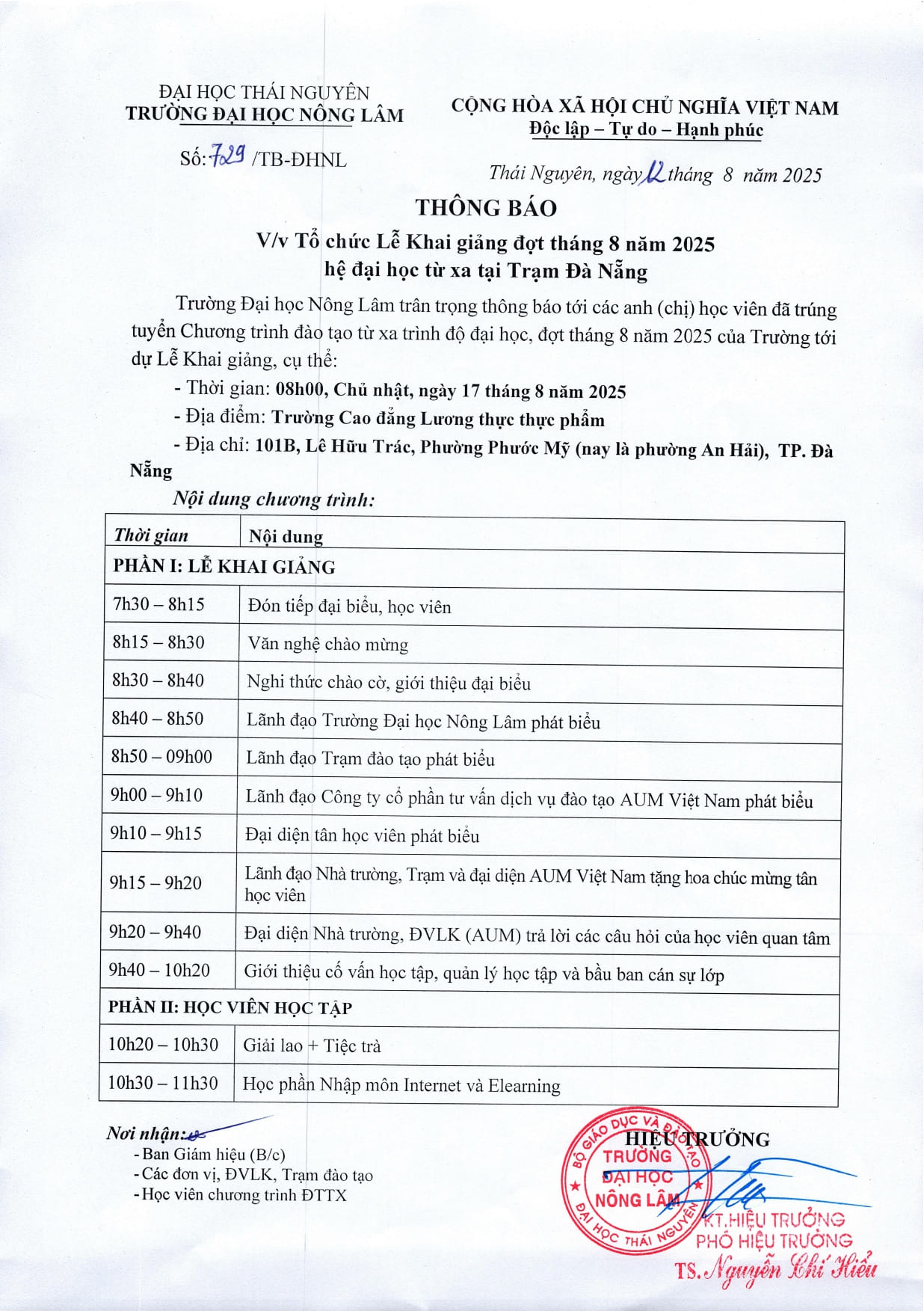 Thông báo – Lễ khai giảng Hệ Đại học từ xa trạm Đà Nẵng Trường Đại học Nông Lâm Thái Nguyên Tháng 8